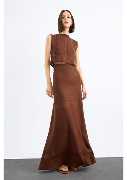 2'li Kroşe Triko Takım Bisiklet Yaka Kolsuz Bluz Beli Lastikli Maxi Etek F7466AX25HS