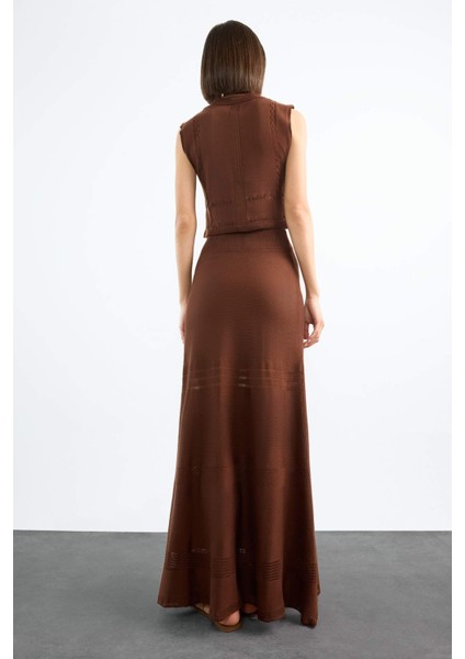 2'li Kroşe Triko Takım Bisiklet Yaka Kolsuz Bluz Beli Lastikli Maxi Etek F7466AX25HS