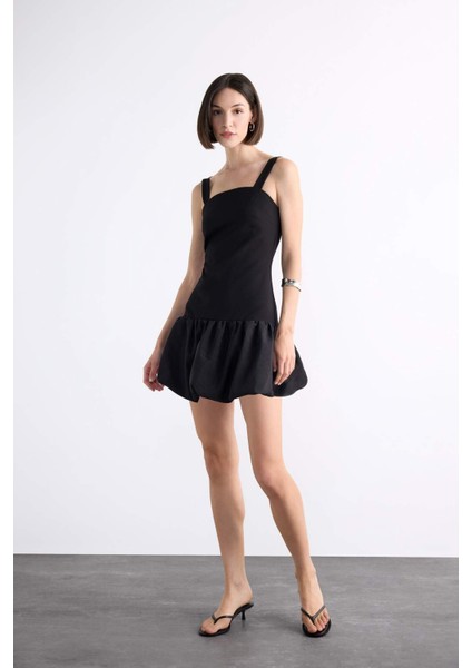 Fitted Vücudu Saran Askılı Mini Siyah Elbise F7457AX25HS