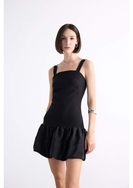 Fitted Vücudu Saran Askılı Mini Siyah Elbise F7457AX25HS