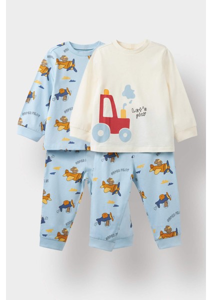 Erkek Bebek 4'lü Pijama Takımı Uçak Baskılı Uzun Kollu Penye Üst Uzun Alt F7200A525AU