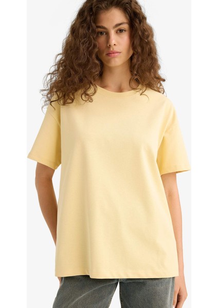 Oversize Geniş Kalıp Bisiklet Yaka Basic Düz Kısa Kollu Tişört E4935AX25AU