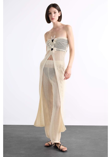 Straplez Çiçek Detaylı Kroşe Uzun Plaj Üstü F7861AX25HS