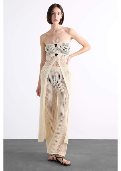 Straplez Çiçek Detaylı Kroşe Uzun Plaj Üstü F7861AX25HS