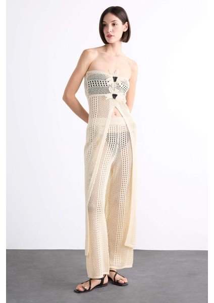 Straplez Çiçek Detaylı Kroşe Uzun Plaj Üstü F7861AX25HS