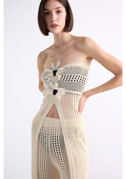 Straplez Çiçek Detaylı Kroşe Uzun Plaj Üstü F7861AX25HS