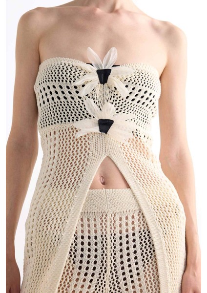 Straplez Çiçek Detaylı Kroşe Uzun Plaj Üstü F7861AX25HS