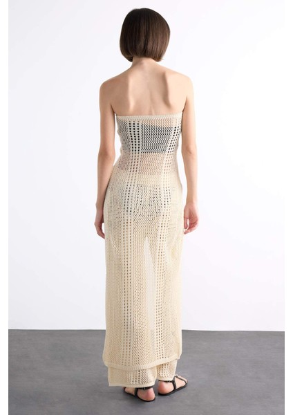 Straplez Çiçek Detaylı Kroşe Uzun Plaj Üstü F7861AX25HS