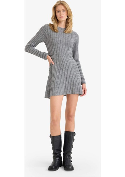 Bisiklet Yaka Ribana Uzun Kollu Mini Elbise F3893AX25WN