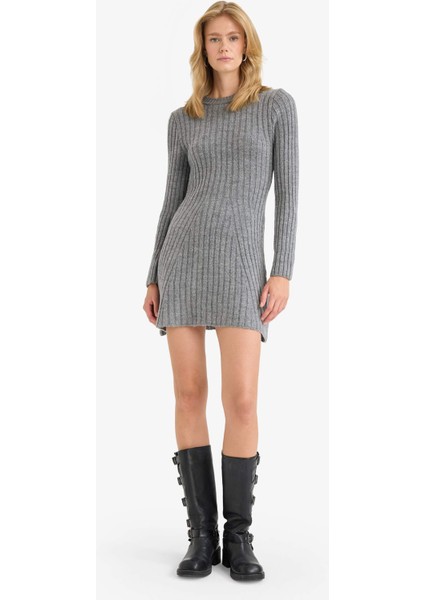 Bisiklet Yaka Ribana Uzun Kollu Mini Elbise F3893AX25WN