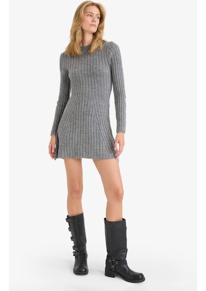 Bisiklet Yaka Ribana Uzun Kollu Mini Elbise F3893AX25WN