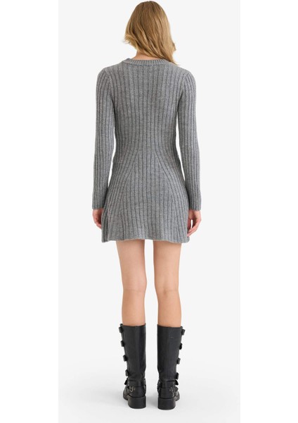 Bisiklet Yaka Ribana Uzun Kollu Mini Elbise F3893AX25WN