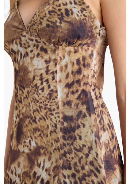 V Yaka Leopar Desenli Şifon Askılı Mini Elbise F7946AX25SM