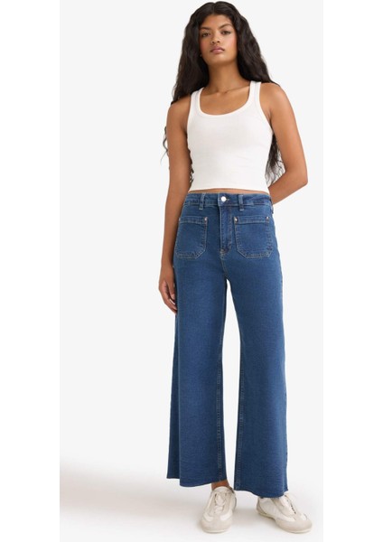 Kısa Geniş Paça Yüksek Bel Bilek Boy Jean Yıkamalı Pantolon F7804AX25AU