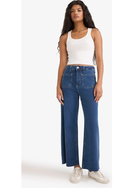 Kısa Geniş Paça Yüksek Bel Bilek Boy Jean Yıkamalı Pantolon F7804AX25AU