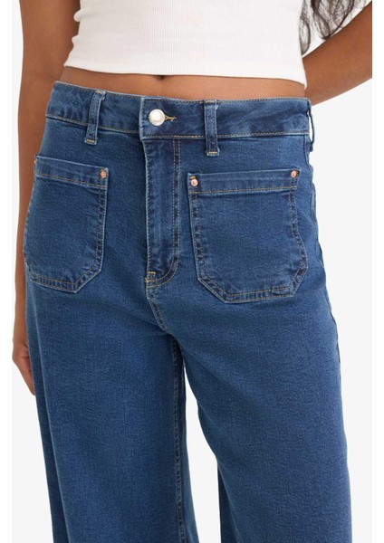 Kısa Geniş Paça Yüksek Bel Bilek Boy Jean Yıkamalı Pantolon F7804AX25AU