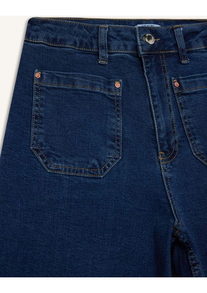 Kısa Geniş Paça Yüksek Bel Bilek Boy Jean Yıkamalı Pantolon F7804AX25AU