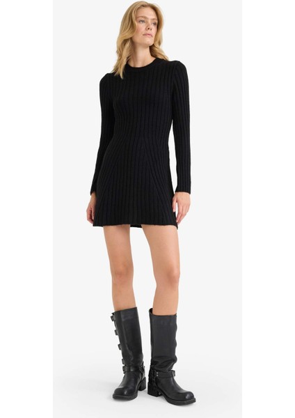 Bisiklet Yaka Ribana Uzun Kollu Mini Elbise F3893AX25WN