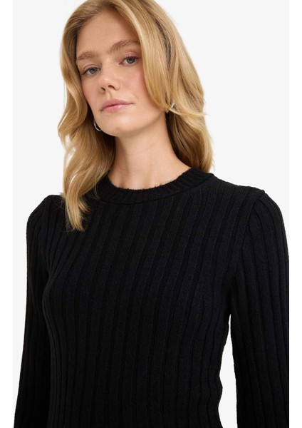 Bisiklet Yaka Ribana Uzun Kollu Mini Elbise F3893AX25WN