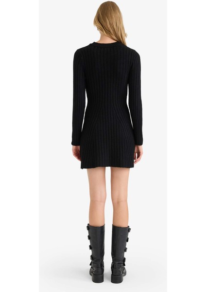 Bisiklet Yaka Ribana Uzun Kollu Mini Elbise F3893AX25WN