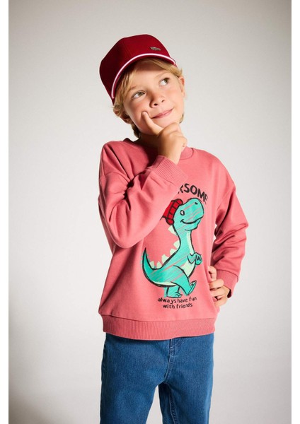 Erkek Bebek Bisiklet Yaka Dinozor Baskılı İçi Yumuşak Tüylü Sweatshirt F4531A525AU