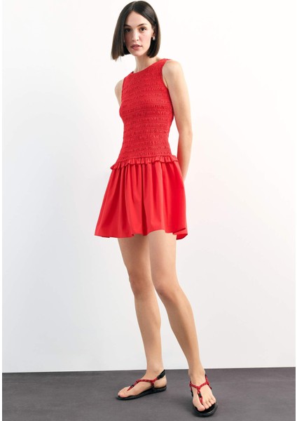 Yuvarlak Yaka Gipeli Kırmızı Mini Elbise F7542AX25SM