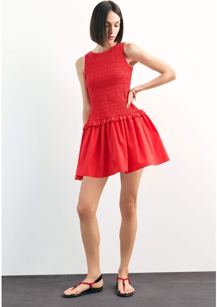 Yuvarlak Yaka Gipeli Kırmızı Mini Elbise F7542AX25SM