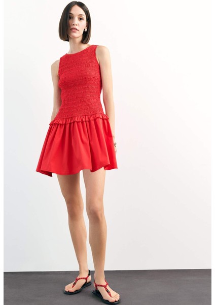 Yuvarlak Yaka Gipeli Kırmızı Mini Elbise F7542AX25SM