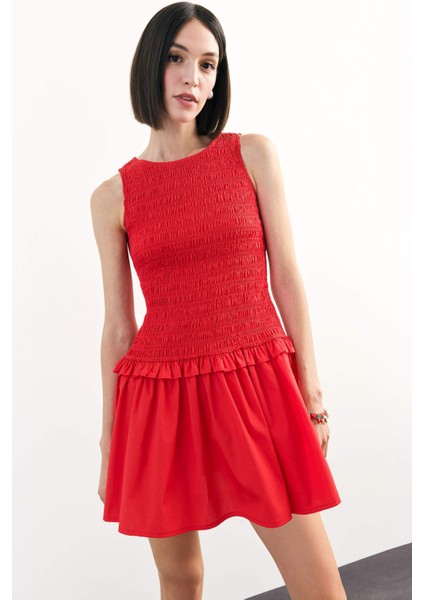 Yuvarlak Yaka Gipeli Kırmızı Mini Elbise F7542AX25SM