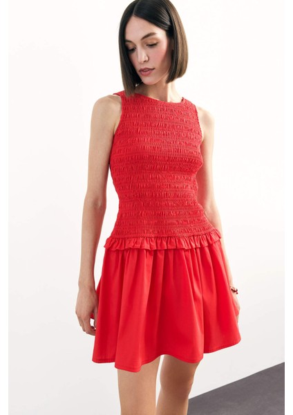 Yuvarlak Yaka Gipeli Kırmızı Mini Elbise F7542AX25SM