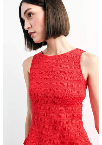 Yuvarlak Yaka Gipeli Kırmızı Mini Elbise F7542AX25SM