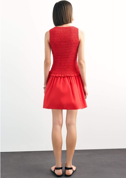Yuvarlak Yaka Gipeli Kırmızı Mini Elbise F7542AX25SM