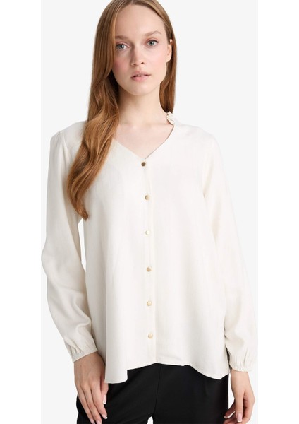 Regular Fit Bisiklet Yaka Simli Kumaş Uzun Kollu Gömlek F0226AX25AU