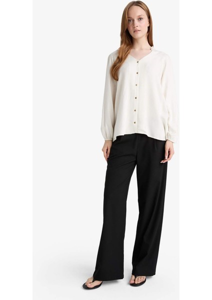 Regular Fit Bisiklet Yaka Simli Kumaş Uzun Kollu Gömlek F0226AX25AU