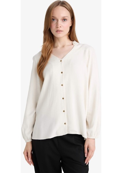 Regular Fit Bisiklet Yaka Simli Kumaş Uzun Kollu Gömlek F0226AX25AU