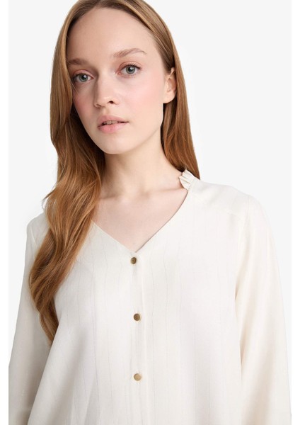 Regular Fit Bisiklet Yaka Simli Kumaş Uzun Kollu Gömlek F0226AX25AU