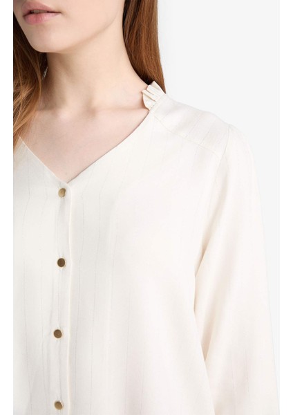 Regular Fit Bisiklet Yaka Simli Kumaş Uzun Kollu Gömlek F0226AX25AU