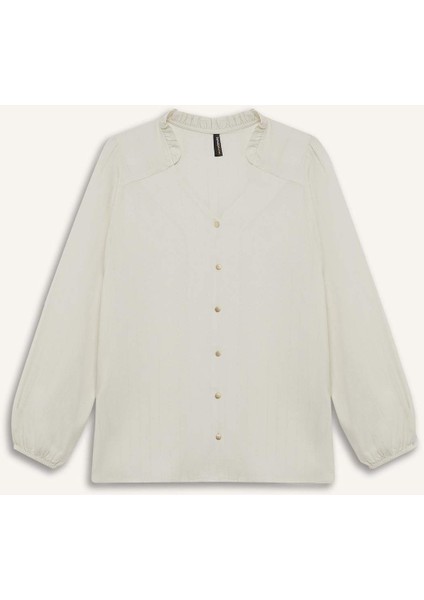 Regular Fit Bisiklet Yaka Simli Kumaş Uzun Kollu Gömlek F0226AX25AU