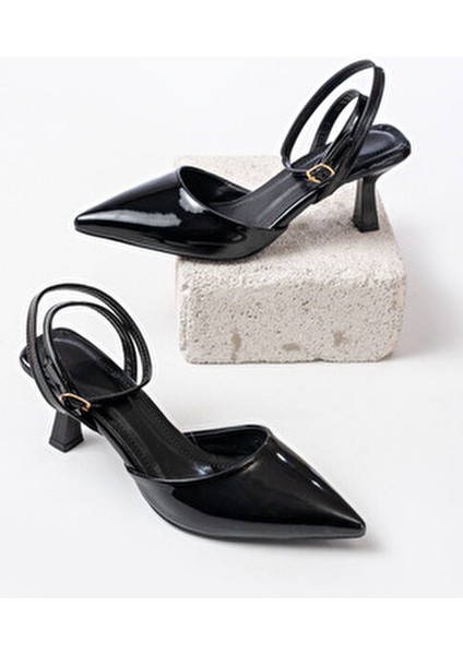 Kadın Dveyn Fileli Topuklu Ayakkabı Suni Deri Siyah İnce Topuklu Tasarım