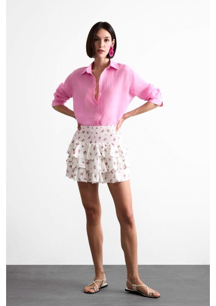 Beli Lastikli Çiçek Desenli Volanlı Mini Etek F7905AX25SM