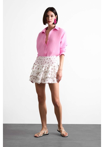 Beli Lastikli Çiçek Desenli Volanlı Mini Etek F7905AX25SM