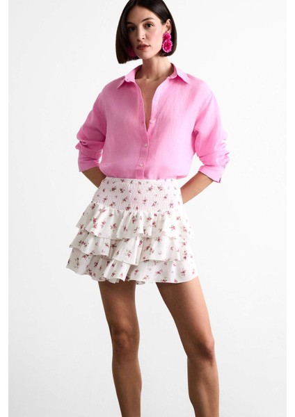 Beli Lastikli Çiçek Desenli Volanlı Mini Etek F7905AX25SM