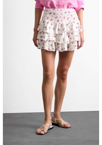 Beli Lastikli Çiçek Desenli Volanlı Mini Etek F7905AX25SM