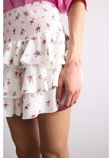 Beli Lastikli Çiçek Desenli Volanlı Mini Etek F7905AX25SM