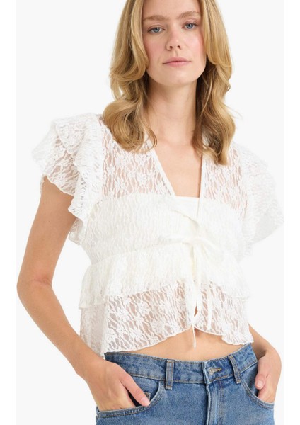 Fitted V Yaka Tül Önden Bağlamalı Kısa Kollu Bluz F7943AX25AU