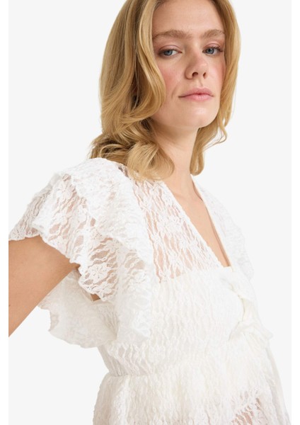 Fitted V Yaka Tül Önden Bağlamalı Kısa Kollu Bluz F7943AX25AU