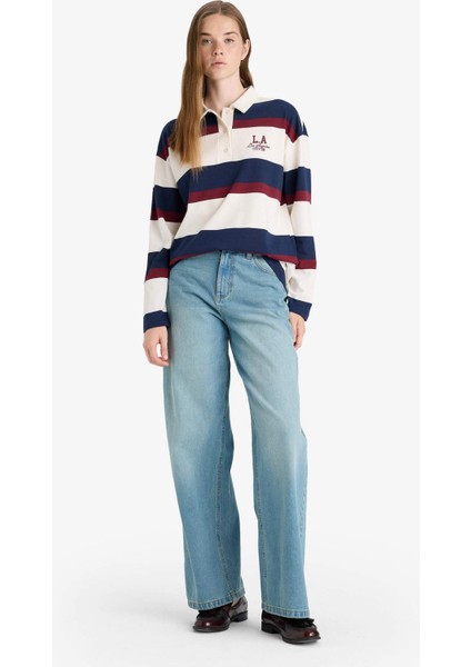 Oversize Geniş Kalıp Polo Yaka Çizgili Baskılı Sweatshirt F7915AX25AU