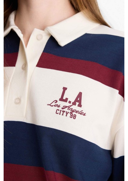 Oversize Geniş Kalıp Polo Yaka Çizgili Baskılı Sweatshirt F7915AX25AU