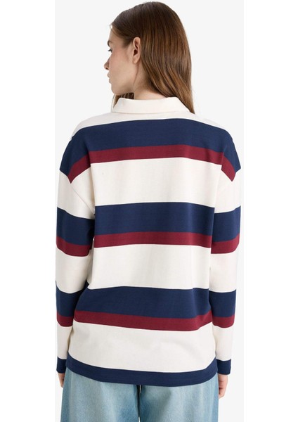 Oversize Geniş Kalıp Polo Yaka Çizgili Baskılı Sweatshirt F7915AX25AU