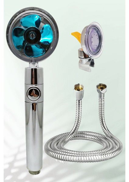 Turkuaz Jet Duş Başlığı ve Hortum Seti, Vantuzlu Mafsal ile Kolay Kullanım